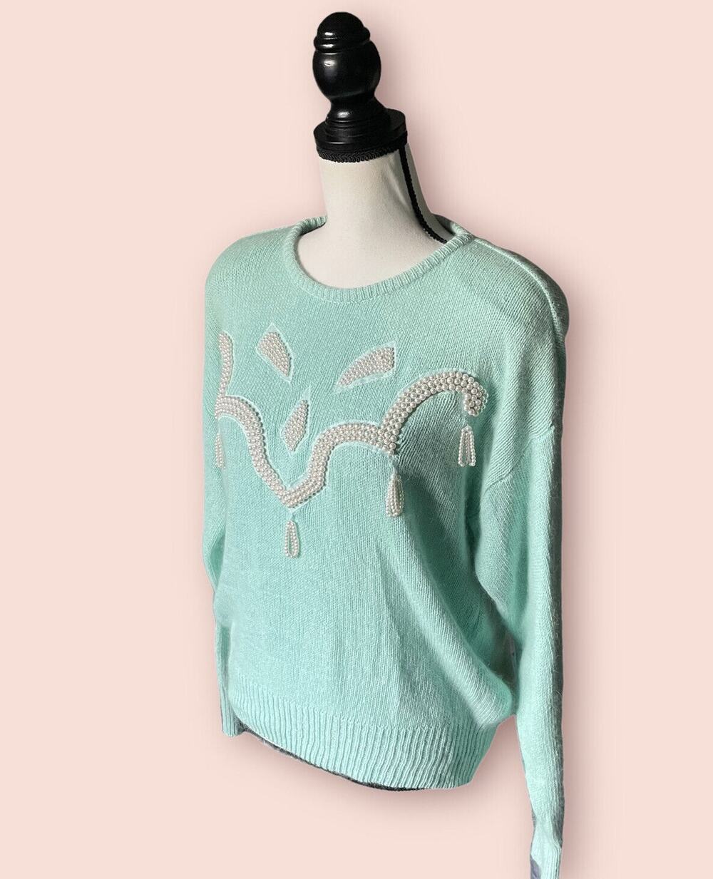 Vintage 80s WOMENS Dana Scott Mint Green Silk Angora Soft Fuzzy Sweater M 4 6 8